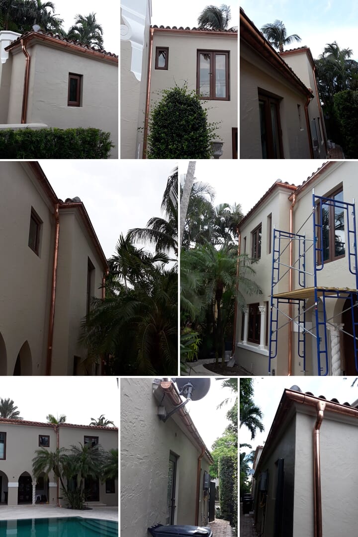 A collage of photos showing several angles of a large commercial gutter project installed by southeast seamless gutters